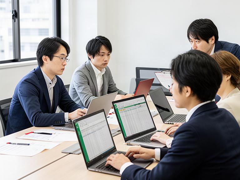 静岡県内の中小企業担当者が会議室のテーブルでノートパソコンを囲み、Excelの業務表を確認しながら研修を受けている様子